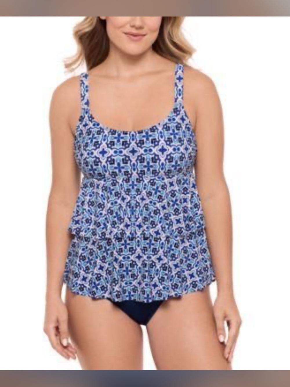 Swim Solutions Blue and White Geometric Swim Dress